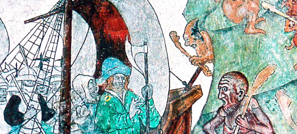 Olaf II navegando entre trolls. Pintura sobre piedra en la iglesia de Dingtuna, Suecia.